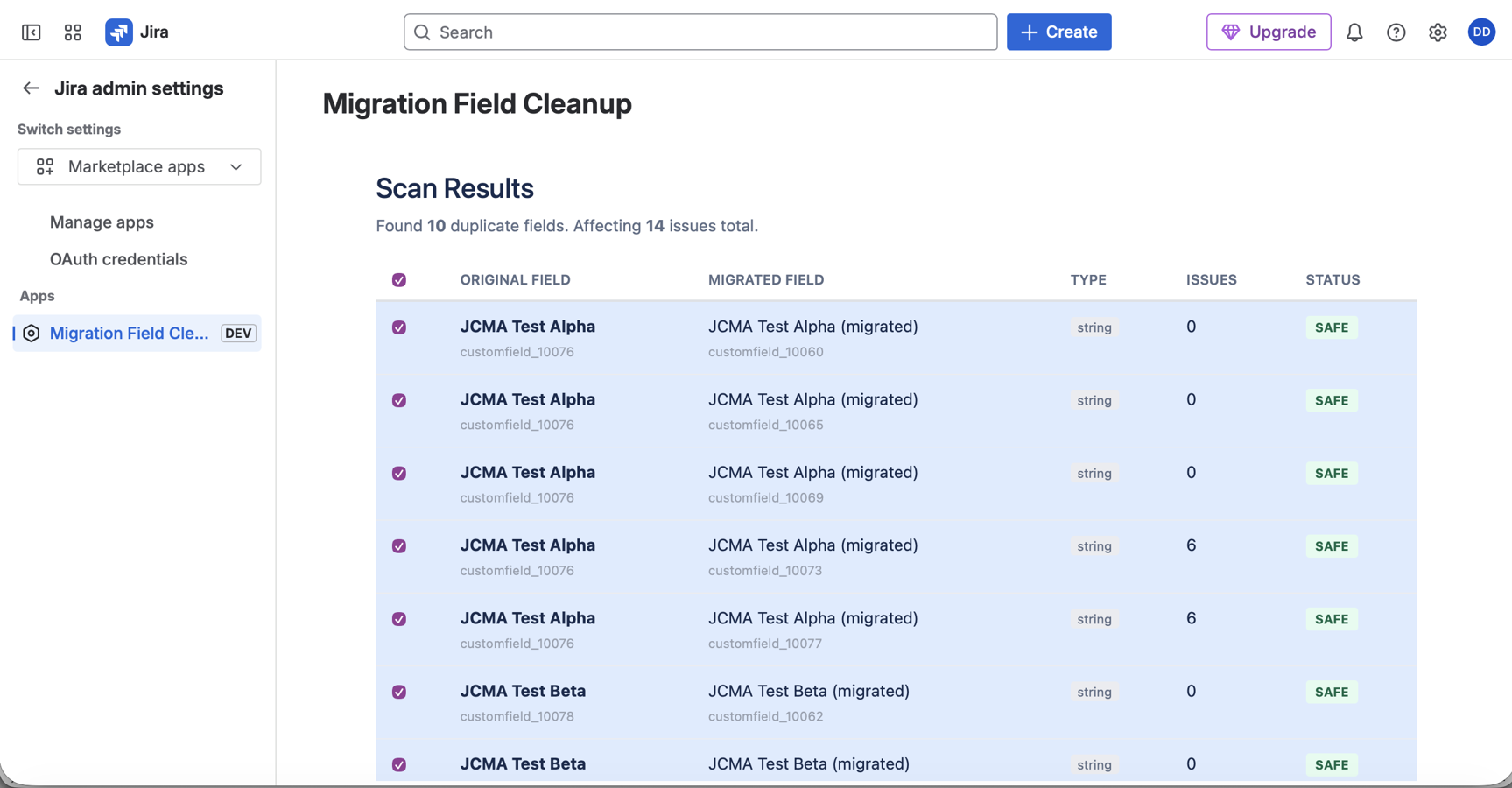 Migration Helper merge confirmation screen showing field pairs before committing