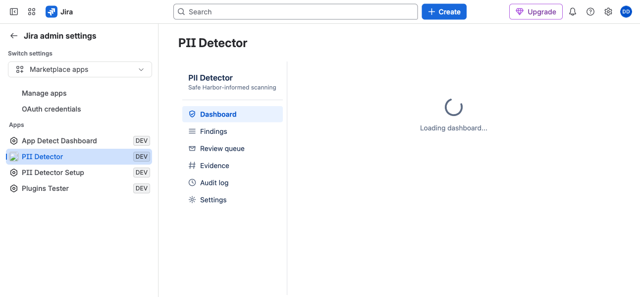 Admin interface showing PII detection configuration and management