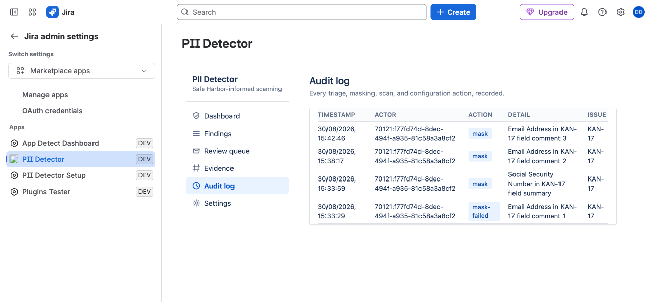 PII Shield audit log with timestamped evidence records for compliance review