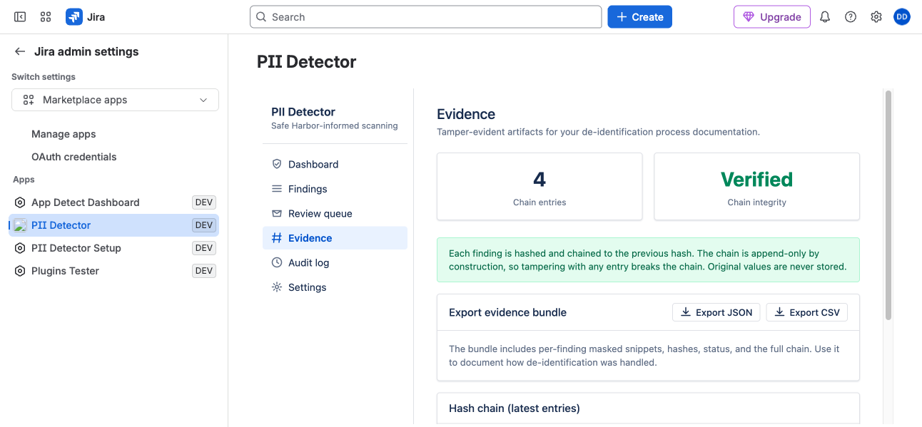 PII Shield evidence dashboard with compliance metrics and detection history