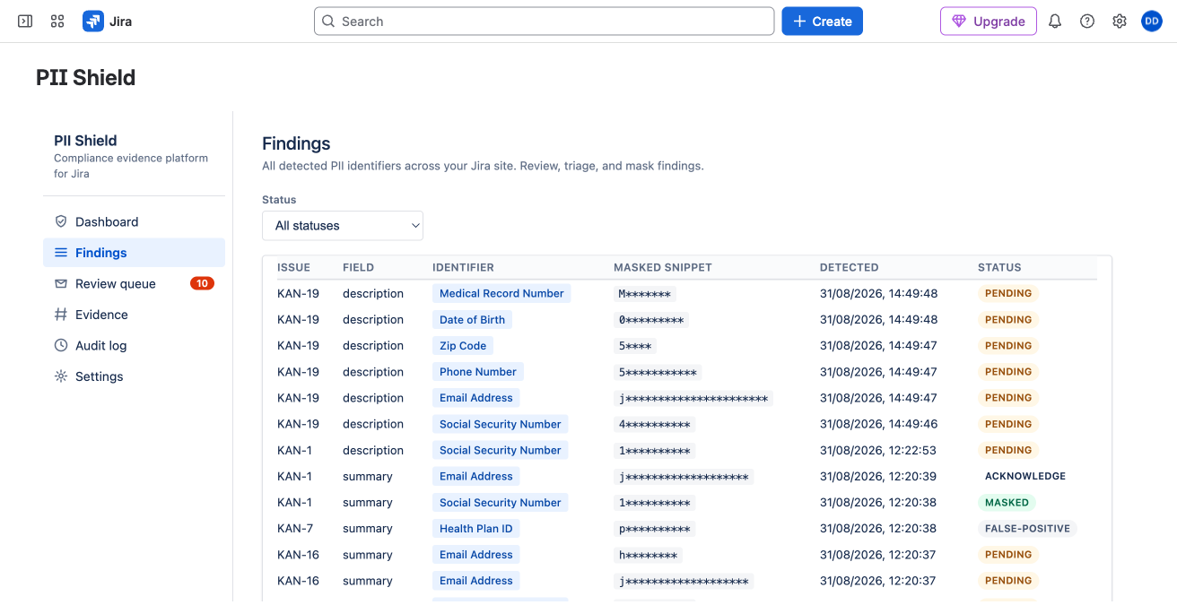 PII Shield - PII findings detection and management interface