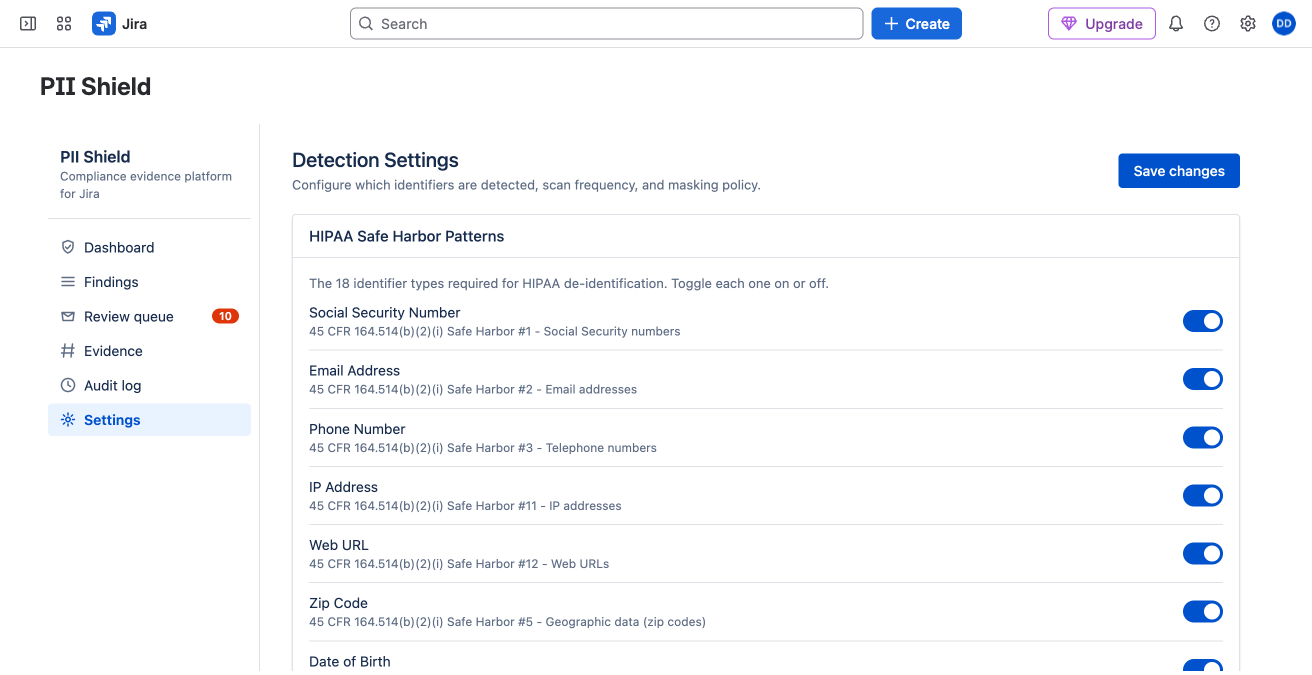 PII Shield - Configuration settings for PII detection patterns