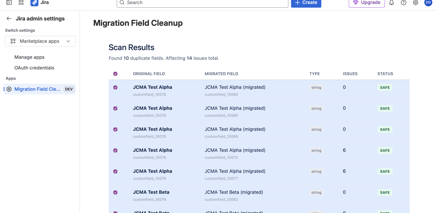 Scan results showing duplicate field pairs with safety classification and affected issue counts